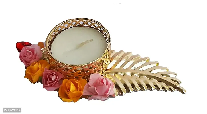 Urvi Creations Set of 4 Golden Leaf Flower Tealight Diya Candle Holder for Diwali Festival Home Decorations Lights-thumb2