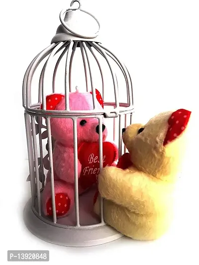Urvi Creations Romantic Love Couple Teddy Bear in Cage Special Gift for Valentines Day (Multi Colour)-thumb0