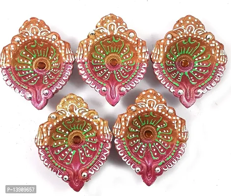 Urvi Creations Handmade Earthen Clay Terracotta Decorative Diya for Pooja/Rangoli (Set of 5) (10 x 8 x 12 cm, Multi-Color) ?-thumb2