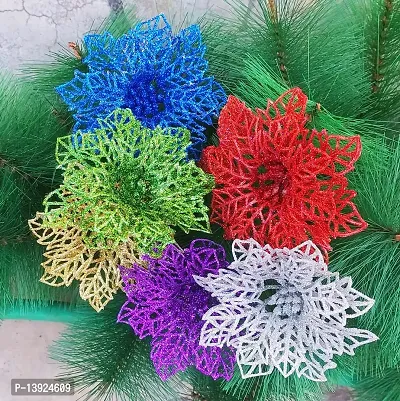 Forty Wings 6 Pcs Artificial Glitter Poinsettia Christmas Flowers for Xmas Tree Floral Ornaments Wreath Decor Christmas Xmas Party Decoration DIY Christmas Craft