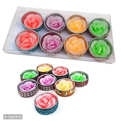 Forty Wings Set of 8 Rose Shape Meenakari Tealights Flotting Candles for Diwali Wedding Festival Decoration Items-thumb0