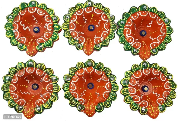 Urvi Creations Handmade Earthen Clay Terracotta Decorative Diya For Pooja / Rangoli (Set of 6) (10 x 8 x 12 cm, Multi-Color)