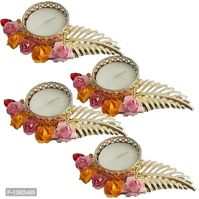 Forty Wings 4 Pcs Golden Leaf Flower Tealight Diya Candle Holder for Diwali Festival Home Decorations Lights-thumb2