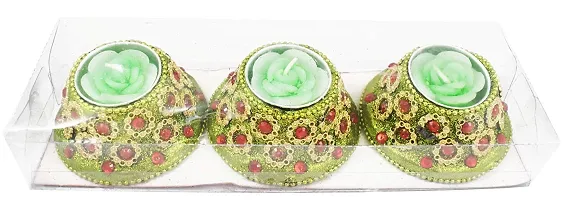 Forty Wings 3 Pcs Rose Flower Shape Meenakari Work Decorative Candles for Wedding and Diwali Decoration Items-thumb1