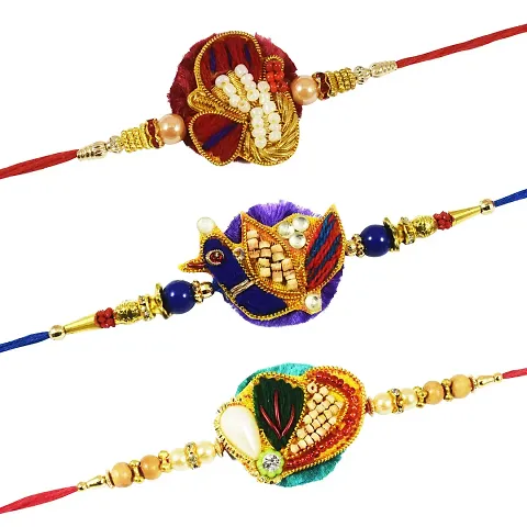 Urvi Creations Men's Resham Work Wristband Bracelet Rakhi (Multicolour, Set of 3)