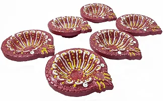 Urvi Creations Handmade Earthen Clay Terracotta Decorative Diya For Pooja / Rangoli (Set of 6) (10 x 8 x 12 cm, Multi-Color)-thumb1