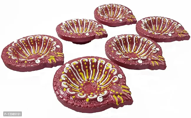 Urvi Creations Handmade Earthen Clay Terracotta Decorative Diya For Pooja / Rangoli (Set of 6) (10 x 8 x 12 cm, Multi-Color)-thumb2