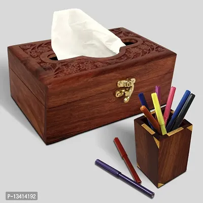 HOMIFI Wooden Napco Handmade Tissue Box / Napkin Holder with Wooden Penny Handmade Pen Holder / Desk Pencil stand with Engraved Brass Design for Office Table-thumb0