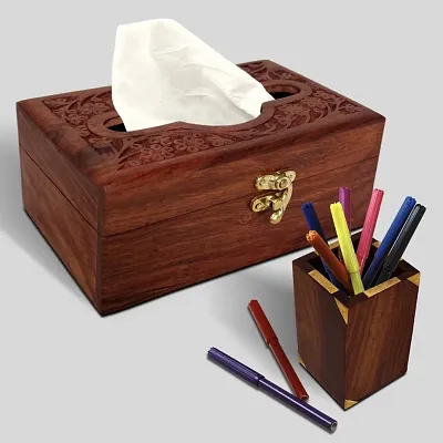 HOMIFI Wooden Napco Handmade Tissue Box / Napkin Holder with Wooden Penny Handmade Pen Holder / Desk Pencil stand with Engraved Brass Design for Office Table
