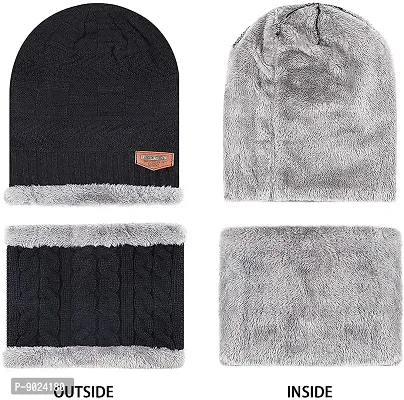 ZAYSOO Winter Woolen Warm Unisex Beanie Knit Skull Hats with Neck Warmer for Men Women with Scarf Premium Cap - (Black, Grey)-thumb3