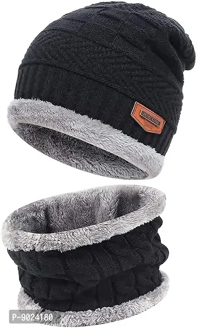 ZAYSOO Winter Woolen Warm Unisex Beanie Knit Skull Hats with Neck Warmer for Men Women with Scarf Premium Cap - (Black, Grey)-thumb0