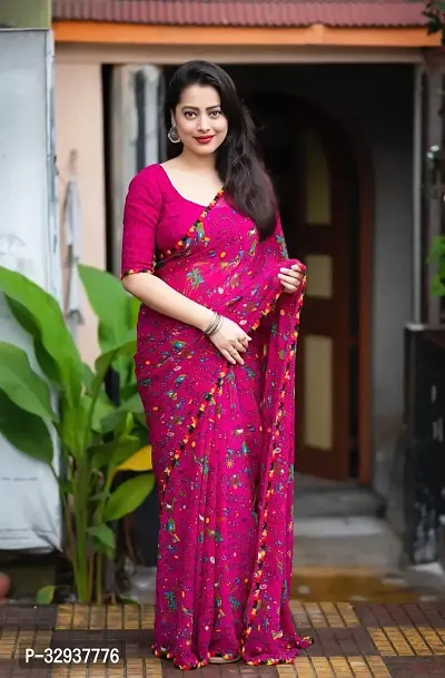 Elegant Pink Georgette Printed Saree With Blouse Piece For Women-thumb0