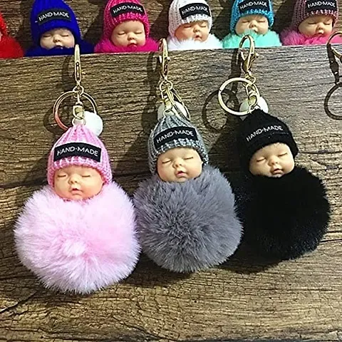 Cute Small Sleeping Baby Doll Fake Fur Fluffy Key Chain, Hanging Key Ring for Bag Accessories, Pom Pom Fluffy Key Rings, Key Pendant Cartoon Ornaments (Pack of 3)