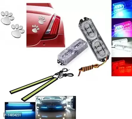 Delhi Deals 2X 3 LED Flash Strobe Police Emergency Warning Light  Soonai Foot Mark Car Sticker and 17CM ice Blue Waterproof COB Car Led DRL LIght Car Fancy Lights  (Multicolor