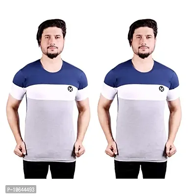 MAPON FASHION M105 Color Block Round Neck Half Sleeve T-Shirt for Men(Blue,White,Grey) (Large)-thumb0