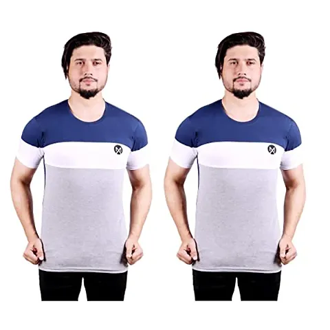 MAPON FASHION M105 Color Block Round Neck Half Sleeve T-Shirt for Men(Blue,White,Grey) (Large)