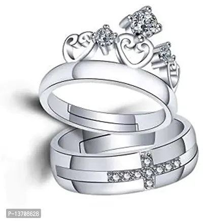 Crown King and Queen Adjustable Couple Rings for Every Special Occasion American diamond Valentine Gifts Love Stylish Couple Silver Heart Ring for Women Girls Men Boys Girlfriend Lovers- CFR-K119
