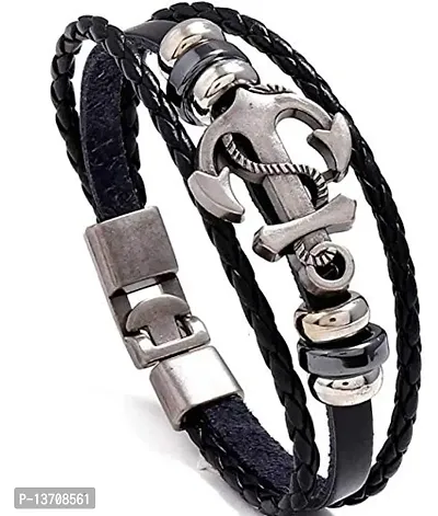 Karishma Kreations Leather, Stainless Steel Silver, Silver Coated Bracelet Anchor Kada for Mens and Boys-thumb0