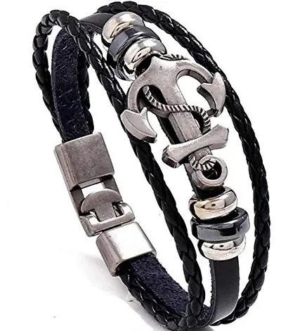 Karishma Kreations Leather, Stainless Steel Silver, Silver Coated Bracelet Anchor Kada for Mens and Boys