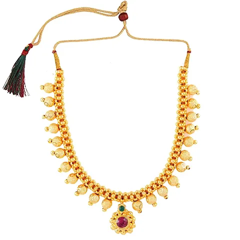 Karishma Kreations Traditional Pearl Moti South Indian Temple Jewellery Maharashtrian Marathi Kolhapuri Saaj Broad Tushi Thushi Mangalsutra Pendant Choker Necklace 1 Gram Thushi for Girls Women