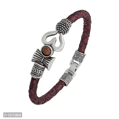 Rudraksh Trishul Damroo Designer Silver Oxidized Leather Kada Bracelet for Men and Women Boys Bracelet