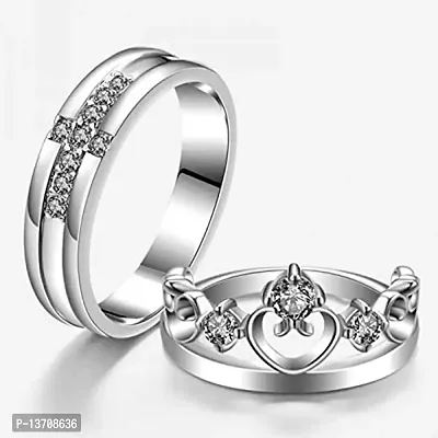 Crown King and Queen Adjustable Couple Rings for Every Special Occasion American diamond Valentine Gifts Love Stylish Couple Silver Heart Ring for Women Girls Men Boys Girlfriend Lovers- CFR-K117
