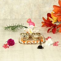 Decorative Puja Thali/Pooja Thali/Haldi Kumkum Holder With Pink Turban Ganesh -(3.25 X 2.75 Inch)-thumb2