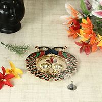 Decorative Haldi Kumkum Holder/Puja Thali /Pooja Thali With 2 Enamel Peacocks Ganesha Face In Centre With 2 Katoris-(6 X 6.75 Inch)-thumb2