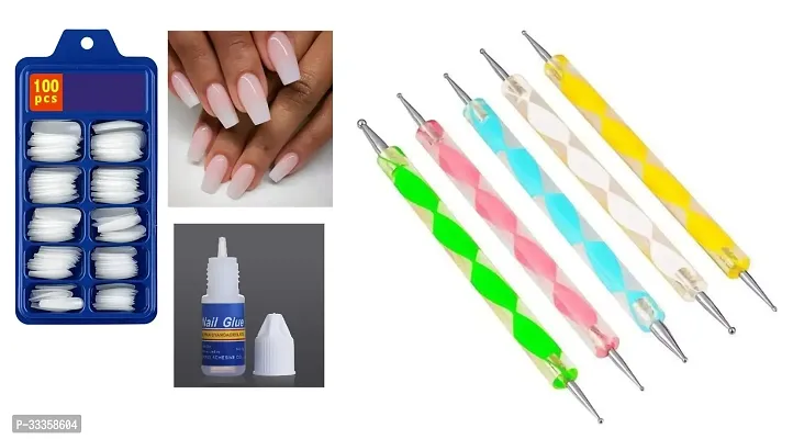 Artificial Nail Set 100 Pieces With Glue And Nail Dotting Pen-thumb0