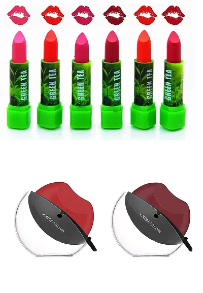 6 GREEN TEA EXTRACT HERBAL LIPSTICKS MULTICOLOR WITH 2 APPLE SHAPED LIPSTICKS (RED+ MAROON)