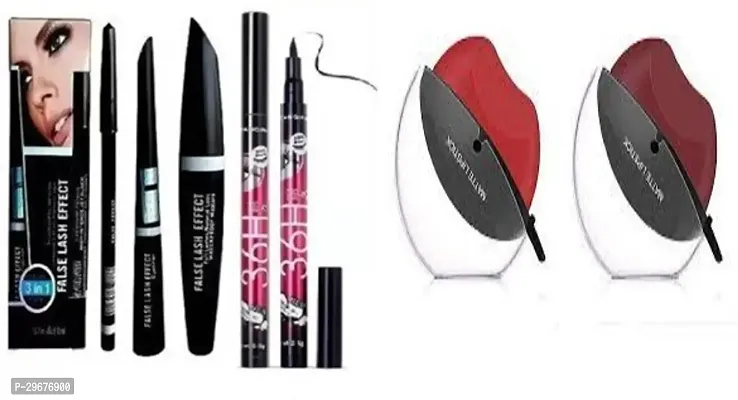 2 apple shaped lipsticks (red+ maroon) 1 36 h eye liner and 3 in 1 mascara kajal eyeliner