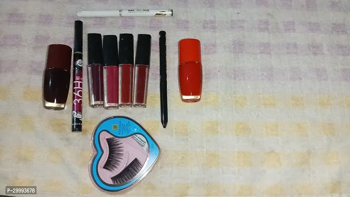 10 PCS COMBO 2 NAIL PAONTS RED AND MAROON WITH 4 MINI LIQUID LIPSTICKS 2 KAJAL WHITE AND BLACK 1 EYE LINER EYE LASH