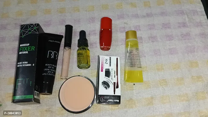 8 Pc Combo Fixer BB Cream Concealer Prep Primer Compact Powder Music Flower Eye Liner Nail Paint Red Primer