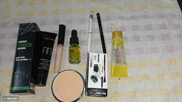 9 PC Complete Combo with Eye Makeup Fixer BB Cream Concealer Prep Primer Compact Powder Music Flower Eye Liner 2 Kajal White and Black