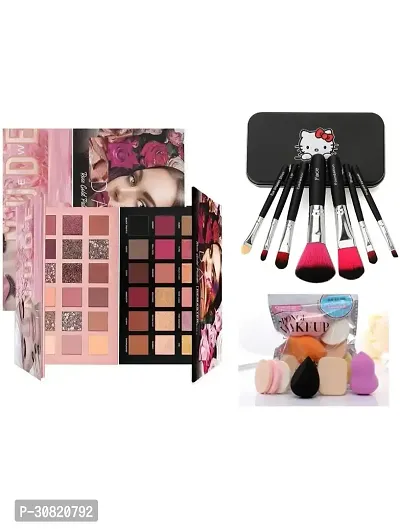 ONE NUDE ONE ROSEGOLD 18 SHADES EYE SHADOW 7 PCS HELLO KITTY BRUSHES WITH 6 IN 1 PUFF SET