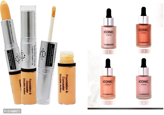 2 in 1 concealer and foundation with 4 illuminator iconic highlighter multi shades in 1 pack