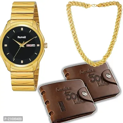 Combo Of 1  GoldenMen's Stylish Watch With 2 501 Purse And Moti Chain