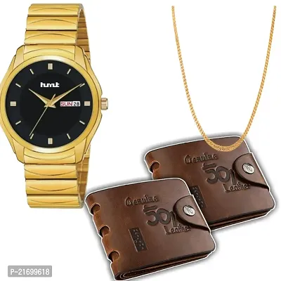 Combo Of 1 Golden Black Dial Men's Stylish Watch With 2 501 Purse And 1 Simple Chain-thumb0