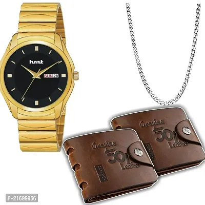 Combo Of 1 Golden Black Dial Men's Stylish Watch With 2 501 Purse And 1 Silver Patli Chain-thumb0