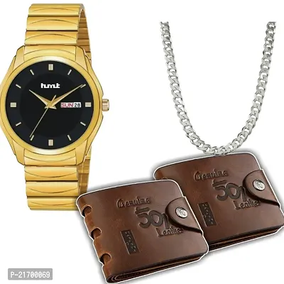 Combo Of 1 Golden Black Dial Men's Stylish Watch With 2 501 Purse With 1 Moti Silver Chain
