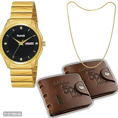 Combo Of 1 Golden Black Dial Men's Stylish Watch With 2 501 Purse And 1 Golden Patli Chain-thumb0