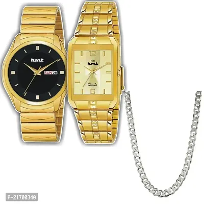Combo Of 1 Black Dial Watch And 1 Square Golden Watch With 1 Silver Chain