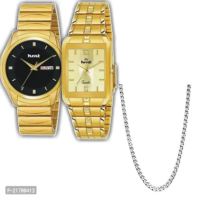 Combo Of 1 Black Dial Watch And 1 Square Golden Men's Stylish Watch With 1 Silver Patli Chain