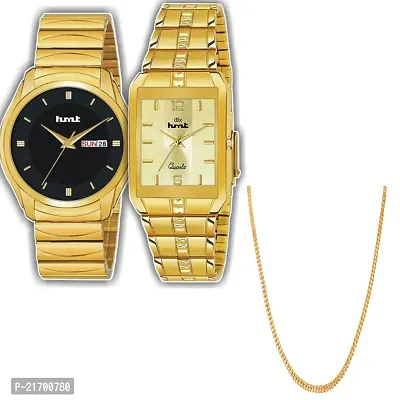 Combo Of 1 Black Dial Watch And 1 Square Golden Men's Stylish Watch With 1 Golden Patli Chain