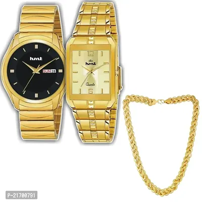 Combo Of 1 Black Dial Watch And 1 Square Golden Men's Stylish Watch With 1 Golden Moti Chain