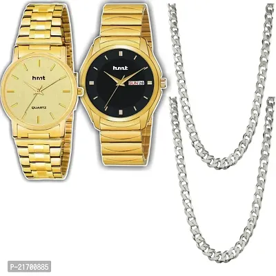 Combo Of 1 Black Dial Watch And 1 Round Golden Men's Stylish Watch With 2 Silver Moti Chain