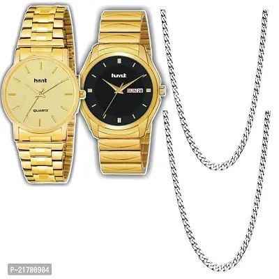 Combo Of 1 Black Dial Watch And 1 Round Golden Men's Stylish Watch With 2 Silver Patli Chain-thumb0