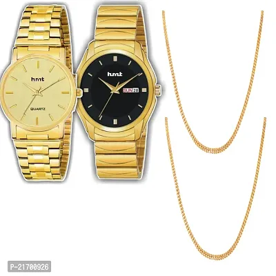 Combo Of 1 Black Dial Watch And 1 Round Golden Men's Stylish Watch With 2 Patli Chain