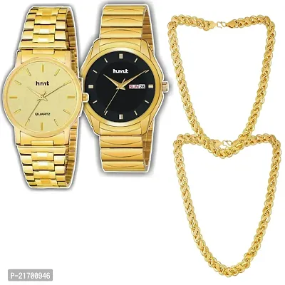 Combo Of 1 Black Dial Watch And 1 Round Golden Men's Stylish Watch With 2 Moti Chain-thumb0