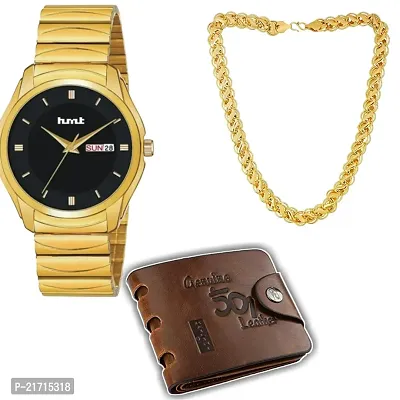 Combo Of 1 Black Dial Men's Stylish Watch With 1 501 Purse And 1 Moti Chain